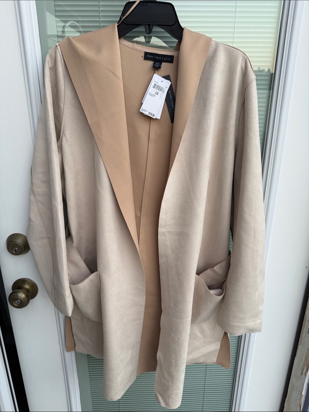 Joan Vass Neutral Taupe Open-Front Hooded Blazer